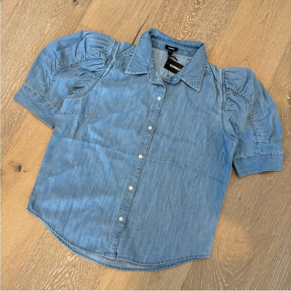Express Denim Blue Puff Sleeve Button Down Shirt